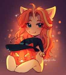 Size: 2948x3363 | Tagged: safe, artist:tyutya, imported from derpibooru, oc, oc only, pony, unicorn, abstract background, commission, eye clipping through hair, female, halloween, hat, holiday, horn, jack-o-lantern, mare, not sunset shimmer, pumpkin, solo, witch hat