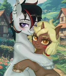 Size: 2448x2800 | Tagged: safe, artist:6hellboy9, imported from derpibooru, oc, oc only, oc:diego, oc:kesha, earth pony, unicorn, duo, earth pony oc, horn, love, oc duo, piercing, unicorn oc