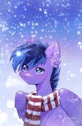 Size: 2720x4205 | Tagged: safe, artist:tyutya, imported from derpibooru, oc, oc only, pegasus, pony, abstract background, cheek fluff, clothes, ear fluff, male, scarf, snow, snowfall, solo, stallion, striped scarf