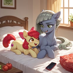 Size: 1024x1024 | Tagged: safe, imported from twibooru, apple bloom, limestone pie, earth pony, pony, age difference, ai content, ai generated, apple bloom's bow, apple family member, bed, bow, cellphone, cutie mark, duo, female, generator:civitai, generator:perfect pony xl, hair bow, image, laughing, lying on bed, mare, needs more jpeg, on bed, phone, pie family, prompter:virosmall, relaxing