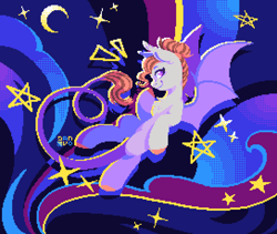 Size: 2176x1840 | Tagged: safe, artist:danvo, imported from derpibooru, oc, oc only, oc:alruna moonrise, bat pony, pony, abstract background, digital art, dithering, moon, pixel art, stars