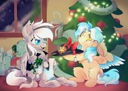 Size: 7157x5102 | Tagged: safe, artist:cutepencilcase, imported from derpibooru, oc, oc only, oc:lumin light, oc:silver edge, hybrid, pegasus, beige coat, best friends, big ears, blue eyes, blue hair, blue mane, blue tail, blue wings, christmas, christmas decoration, christmas lights, christmas ornament, christmas tree, closed mouth, clothes, colored wings, cowboy, cowboy hat, cute, decoration, duo, eyes open, floppy ears, folded wings, gift exchange, gray coat, gray mane, gray tail, grey hair, hat, holiday, light blue hair, light blue mane, light blue tail, light blue wings, looking at each other, looking at someone, male, multicolored coat, multicolored eyes, multicolored hair, multicolored mane, multicolored tail, multicolored wings, name tag, open mouth, pegabat, pegasus oc, present, sheriff, sheriff badge, sheriff's badge, sitting, slight smile, smiling, smiling at each other, spread wings, stallion, starry eyes, tail, teeth, tree, uniform, white hair, white mane, white tail, white wings, wholesome, window, wingding eyes, wings, wonderbolts uniform, yellow eyes