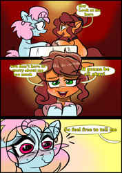 Size: 1240x1754 | Tagged: safe, imported from derpibooru, oc, oc:charlotte parker, oc:kelly clark, earth pony, pony, comic:how i meet my chaotic friends, blushing, comic, crying