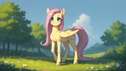 Size: 1920x1088 | Tagged: safe, imported from twibooru, fluttershy, pegasus, pony, ai content, ai generated, flower, folded wings, generator:tponynai3, grass, image, looking at you, meadow, png, prompter:truekry, sky, smiling at you, tree, wallpaper, wings