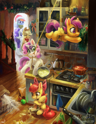 Size: 5000x6400 | Tagged: safe, artist:flvski, imported from derpibooru, apple bloom, applejack, rainbow dash, rarity, scootaloo, sweetie belle, earth pony, pegasus, pony, unicorn, apple, bowl, christmas wreath, cutie mark crusaders, flour, food, hearth's warming, hearth's warming eve, horn, kitchen, moments before disaster, rope, sink, stove, wreath