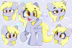 Size: 3375x2250 | Tagged: safe, artist:zokkili, imported from derpibooru, derpy hooves, pegasus, pony, :3, beanbrows, cute, derp, derpabetes, ear fluff, eye clipping through hair, eyebrows, eyebrows visible through hair, female, high res, mare, open mouth, open smile, raised hoof, smiling, solo, spread wings, wings