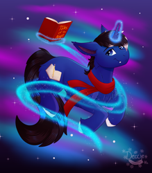 Size: 3500x4000 | Tagged: safe, artist:decemberbreeze, imported from derpibooru, oc, oc:night reader, bat pony, bat pony unicorn, hybrid, unicorn, bat pony oc, bat wings, book, chest fluff, clothes, commission, fangs, horn, hybrid oc, magic, male, scarf, solo, unicorn oc, wings