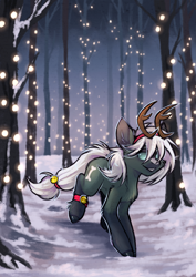 Size: 2893x4092 | Tagged: safe, artist:lonerdemiurge_nail, imported from derpibooru, oc, earth pony, pony, christmas, deer horns, forest, holiday, my little pony, nature, new year, snow, snowfall, solo, tree, winter