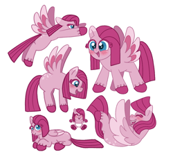 Size: 962x894 | Tagged: safe, artist:tabbi, imported from derpibooru, pinkie pie, pegasus, pony, cute, diaper, female, filly, flying, foal, folded wings, my little pony, pinkamena diane pie, poses, race swap, simple background, smiling, solo, spread wings, white background, wings