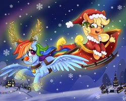 Size: 2048x1641 | Tagged: safe, artist:galaxy swirl, imported from derpibooru, applejack, rainbow dash, earth pony, pegasus, pony, animal costume, antlers, christmas, clothes, costume, cute, duo, female, flying, grin, hat, holiday, looking at each other, looking at someone, mare, my little pony, night, one eye closed, open mouth, reindeer antlers, reindeer costume, santa costume, santa hat, sleigh, smiling, snow, snowfall, spread wings, wings, wink