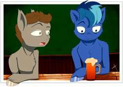 Size: 6879x4880 | Tagged: safe, artist:bluishdraft, imported from derpibooru, oc, oc only, oc:blueprint, oc:devin, bat pony, pegasus, pony, alcohol, beer, crossover, duo, duo male, male, meme, passepartout, simple background, simple shading, sitting, stallion, tintin, wingless