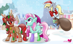 Size: 2773x1668 | Tagged: safe, artist:czscribbles, imported from derpibooru, derpy hooves, minty, oc, deer, earth pony, pegasus, pony, reindeer, :p, antlers, bell, bell collar, candy, candy cane, christmas, christmas lights, clothes, collar, costume, earth pony oc, eye clipping through hair, fake antlers, female, flying, food, g3, hat, holiday, holly, looking at you, mare, mismatched socks, open mouth, open smile, outdoors, ponyville, present, red nose, reindeer antlers, santa costume, santa hat, santa sack, smiling, snow, socks, spread wings, tongue out, trio, watermark, wings