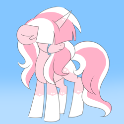 Size: 2000x2000 | Tagged: safe, artist:ladylullabystar, imported from derpibooru, oc, oc:lady lullaby star, pony, unicorn, blue background, crying, female, hair over eyes, horn, mare, simple background, solo