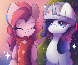 Size: 2450x2060 | Tagged: safe, artist:miryelis, imported from derpibooru, pinkie pie, rarity, earth pony, pony, unicorn, big ears, christmas, clothes, cute, hat, holiday, horn, looking at you, scarf, smiling, snow, snowflake, sparkles