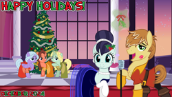 Size: 2064x1164 | Tagged: safe, anonymous artist, artist:cloudy glow, imported from derpibooru, coloratura, dear darling, feather bangs, fond feather, swoon song, earth pony, pegasus, unicorn, 2024, all i want for christmas is you, ballroom, bimbettes, canterlot, christmas, clothes, colorabangs, december, dress, duet, duo, female, flower, flower in hair, friends, friendship, happy holidays, hearth's warming, holiday, holly, horn, kiss mark, levitation, lipstick, lyrics in the description, magic, magic aura, male, mare, microphone, mistletoe, shipper on deck, shipping, singing, smiling, song in the description, song reference, stallion, straight, telekinesis, trio, winter, youtube link in the description