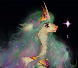 Size: 5916x5136 | Tagged: safe, artist:blavatflowers, imported from derpibooru, princess celestia, alicorn, pony, absurd resolution, bust, curved horn, female, fluffy, horn, jewelry, mare, profile, regalia, solo