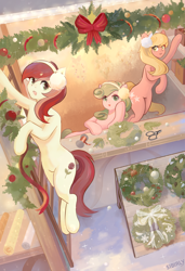 Size: 2624x3840 | Tagged: safe, artist:sibirly, imported from derpibooru, daisy, flower wishes, lily, lily valley, roseluck, earth pony, pony, bipedal, bipedal leaning, christmas, female, flower trio, hat, hearth's warming, high res, holiday, leaning, mare, santa hat, stall, wreath