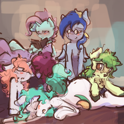 Size: 3000x3000 | Tagged: safe, artist:ruby, imported from derpibooru, oc, oc:asha, oc:fuzz, oc:rhythm fruit, oc:ruby, deer, pegasus, pony, unicorn, blushing, book, group, high res, horn, ox only, pony pile, sleeping