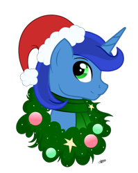 Size: 1670x2096 | Tagged: safe, artist:princessmoonsilver, imported from derpibooru, oc, oc:emerald, pony, unicorn, bust, christmas, christmas wreath, clothes, hat, holiday, horn, male, portrait, santa hat, scarf, simple background, solo, stallion, transparent background, wreath