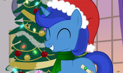 Size: 3500x2065 | Tagged: safe, artist:princessmoonsilver, imported from derpibooru, oc, oc:emerald, pony, unicorn, christmas, christmas tree, clothes, eyes closed, hat, holiday, horn, male, santa hat, scarf, simple background, smiling, solo, stallion, tree