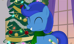 Size: 3500x2065 | Tagged: safe, alternate version, artist:princessmoonsilver, imported from derpibooru, oc, oc:emerald, pony, unicorn, christmas, christmas tree, clothes, eyes closed, holiday, horn, male, scarf, simple background, smiling, solo, stallion, tree