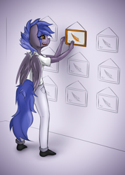 Size: 3866x5416 | Tagged: safe, artist:tarhoon sunflare, imported from derpibooru, oc, oc only, oc:pixi feather, anthro, pegasus, plantigrade anthro, black socks, clothes, feather, female, picture, picture frame, room, simple background, socks, solo, solo female, wings