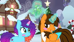 Size: 3000x1698 | Tagged: safe, artist:punkieprimeape1, imported from derpibooru, oc, oc:ej, alicorn, pony, unicorn, alicorn oc, blushing, canon x oc, christmas, christmas tree, duo, duo male and female, female, g5, g5 to g4, generation leap, holiday, horn, male, misty brightdawn, rebirth misty, shipping, snow, tree, wings