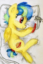 Size: 1000x1490 | Tagged: safe, artist:chevaleto, derpibooru exclusive, imported from derpibooru, oc, oc only, oc:apogee, oc:houston, mouse, pegasus, pony, rat, bed, body freckles, colored pencil drawing, eye clipping through hair, female, filly, foal, freckles, game console, lying down, nintendo ds, on side, pillow, playing video games, traditional art