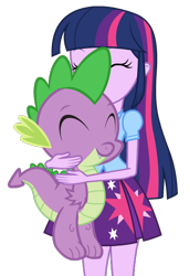 Size: 420x614 | Tagged: safe, artist:cwt10101, imported from derpibooru, spike, twilight sparkle, dragon, human, equestria girls, eyes closed, female, hug, simple background, transparent background