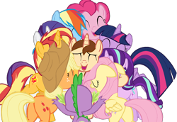 Size: 1306x899 | Tagged: safe, artist:bubbacheezit, imported from derpibooru, applejack, fluttershy, pinkie pie, rainbow dash, rarity, spike, starlight glimmer, sunset shimmer, twilight sparkle, oc, oc:caleb, alicorn, dragon, earth pony, pegasus, unicorn, female, group hug, horn, hug, male, mane seven, mane six, simple background, transparent background, twilight sparkle (alicorn)