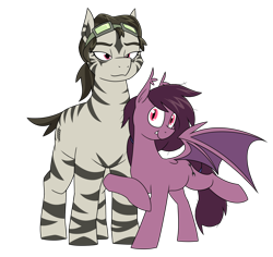 Size: 1908x1804 | Tagged: safe, artist:moonatik, imported from derpibooru, oc, oc only, oc:pocarona, oc:simika, bat pony, pony, zebra, bat pony oc, bat wings, female, goggles, goggles on head, male, mare, muscles, muscular female, size difference, stallion, straight, wings, zebra oc