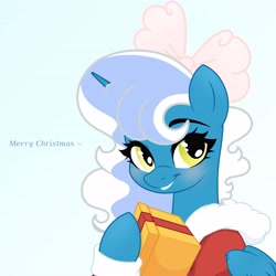 Size: 6890x6890 | Tagged: safe, artist:riofluttershy, imported from derpibooru, oc, oc only, oc:fleurbelle, alicorn, pony, alicorn oc, blushing, bow, clothes, coat, female, gradient background, hair bow, hearth's warming, horn, looking at you, mare, pink bow, present, smiling, solo, text, two toned hair, two toned mane, wingding eyes, wings, yellow eyes