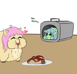 Size: 1682x1606 | Tagged: safe, artist:buwwito, imported from derpibooru, fluffy pony, crying, eating, fluffyshy, happy, heart, punishment, sketties, sorry box