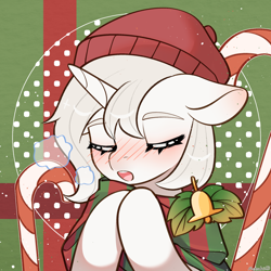 Size: 2000x2000 | Tagged: safe, artist:桑椹丽丽, imported from derpibooru, oc, oc only, oc:零洛, pony, unicorn, bell, blush lines, blushing, candy, candy cane, eyes closed, female, food, horn, mare, open mouth