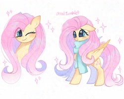 Size: 2048x1638 | Tagged: safe, artist:petaltwinkle, imported from derpibooru, fluttershy, pegasus, 2024, clothes, cute, digital art, eye clipping through hair, female, folded wings, long hair, looking at you, mare, my little pony, one eye closed, scarf, shyabetes, signature, simple background, smiling, solo, sparkles, white background, wings, wink, winking at you