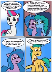 Size: 1131x1600 | Tagged: safe, artist:delilah1_riley, imported from derpibooru, hitch trailblazer, izzy moonbow, zipp storm, earth pony, pegasus, pony, unicorn, comic:pipp the poltergeist, fanfic:pipp the poltergeist, comic, commission, dialogue, fanfic art, female, g5, horn, implied sprout cloverleaf, male, mare, misty brightdawn, my little pony: tell your tale, outdoors, stallion