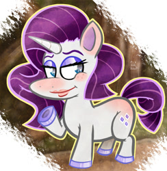 Size: 585x599 | Tagged: dead source, safe, artist:elerq, imported from derpibooru, rarity, pony, unicorn, 2012, blushing, butt blush, ear blush, female, hooves, horn, human lips, lidded eyes, mare, raised hoof, signature, smiling, solo, tail, underhoof