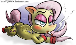 Size: 640x384 | Tagged: safe, artist:elerq, imported from derpibooru, fluttershy, pegasus, pony, 2012, blushing, cigarette, colored hooves, female, hooves, lidded eyes, lying down, mare, prone, signature, smoke, smoking, solo, tail, underhoof, wings