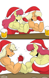 Size: 3003x4819 | Tagged: safe, artist:matchstickman, imported from derpibooru, apple bloom, applejack, anthro, earth pony, apple brawn, apple sisters, applejacked, arm wrestling, bicep flex, biceps, breasts, busty apple bloom, busty applejack, christmas, cider, clothes, costume, deltoids, drunk, duo, female, flexing, hat, high res, holiday, looking at you, mare, matchstickman's apple brawn series, muscles, muscular female, older, older apple bloom, pecs, santa costume, santa hat, siblings, simple background, sisters, table, white background