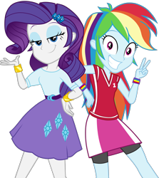 Size: 3575x4000 | Tagged: safe, artist:octosquish7260, imported from derpibooru, rainbow dash, rarity, human, equestria girls, belt, bracelet, clothes, compression shorts, cutie mark, cutie mark on clothes, dashing through the mall, diamond, duo, duo female, equestria girls specials, female, jersey, jewelry, my little pony equestria girls: holidays unwrapped, shirt, simple background, skirt, smiling, t-shirt, teenager, transparent background, wristband