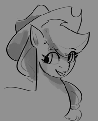 Size: 653x810 | Tagged: safe, artist:poxy_boxy, imported from derpibooru, applejack, earth pony, pony, bust, eye clipping through hair, female, gray background, grayscale, mare, monochrome, open mouth, open smile, simple background, sketch, smiling, solo