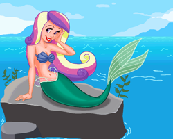 Size: 925x739 | Tagged: safe, artist:ocean lover, imported from derpibooru, princess cadance, human, mermaid, bare shoulders, beautiful, beautiful hair, belly, belly button, boulder, bra, clothes, cloud, crossover, cute, cutedance, disney, disney princess, disney style, female, fins, fish tail, happy, humanized, land, lips, long hair, looking at something, mermaid princess, mermaid tail, mermaidized, midriff, ms paint, multicolored hair, ocean, outdoors, pose, pretty, princess ariel, purple eyes, seashell, seashell bra, sitting, sky, smiling, solo, solo female, sparkles, sparkly hair, species swap, tail, tail fin, the little mermaid, underwear, water, wave