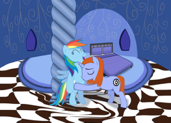 Size: 6485x4663 | Tagged: safe, artist:sonicfx07, imported from derpibooru, rainbow dash, oc, oc:star crest, pegasus, unicorn, bed, bedroom, belly, belly button, bipedal, canon x oc, checkered, cloudsdale, duo, duo male and female, female, floor, horn, kissing, male, mare, pillar, stallion, straight, surreal, wings