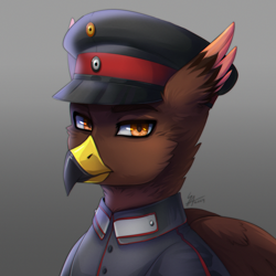 Size: 1300x1300 | Tagged: safe, artist:serodart, imported from derpibooru, oc, griffon, equestria at war mod, bust, clothes, commission, gradient background, griffon oc, looking at you, military, military uniform, portrait, solo, uniform