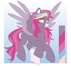 Size: 2048x1898 | Tagged: safe, artist:cheekipone, oc, oc only, pegasus, pony, color palette, eyebrows, facial markings, female, mare, orange eyes, passepartout, pegasus oc, reference sheet, snip (coat marking), socks (coat markings), solo, spread wings, two toned tail, two toned wings, unshorn fetlocks, wings