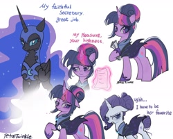 Size: 2048x1638 | Tagged: safe, artist:petaltwinkle, imported from derpibooru, nightmare moon, rarity, twilight sparkle, alicorn, pony, unicorn, ..., alternate cutie mark, alternate hairstyle, alternate timeline, female, magic, mare, night maid rarity, nightmare takeover timeline, paper, rarity is not amused, secretary, telekinesis, unamused, unicorn twilight