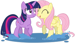 Size: 3903x2256 | Tagged: safe, artist:zslnews, imported from derpibooru, fluttershy, twilight sparkle, alicorn, pegasus, pony, ^^, cute, duo, duo female, eyes closed, female, looking at each other, looking at someone, mare, open mouth, puddle, shyabetes, simple background, splash, splashing, transparent background, twiabetes, twilight sparkle (alicorn), vector