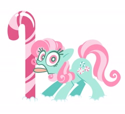 Size: 2048x1866 | Tagged: safe, artist:kyrakupetsky, imported from derpibooru, minty, earth pony, pony, 8 foot candy cane, candy, candy cane, female, food, g3, looking at you, mare, open mouth, simple background, solo, tongue out, tongue stuck, tongue stuck to pole, white background