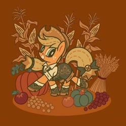 Size: 2041x2048 | Tagged: safe, artist:kyrakupetsky, imported from derpibooru, applejack, earth pony, pony, apple, autumn, brown background, clothes, corn, cutie mark, cutie mark on clothes, female, food, grapes, grin, looking at you, mare, overalls, pumpkin, shoes, simple background, smiling, smiling at you, solo, standing on two hooves, wheat