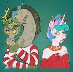 Size: 1974x1950 | Tagged: safe, artist:_oodlezz_, imported from derpibooru, discord, princess celestia, anthro, christmas, christmas tree, clothes, dislestia, dress, duo, duo male and female, ear piercing, earring, eyeshadow, female, green background, green hair, hand on chin, hearth's warming, holiday, how the grinch stole christmas, jewelry, lip gloss, lipstick, makeup, male, necklace, piercing, purple eyes, red dress, red lipstick, shipping, simple background, snaggletooth, straight, sweater, the grinch, tree, watermark, yellow eyes